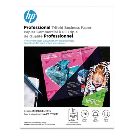 Hp Professional Trifold Business Paper, 48 lb, 8.5x11, Glossy Wht, PK150 4WN12A